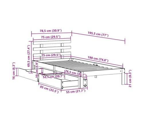 Estructura cama con cajones madera maciza pino blanco 75x190 cm