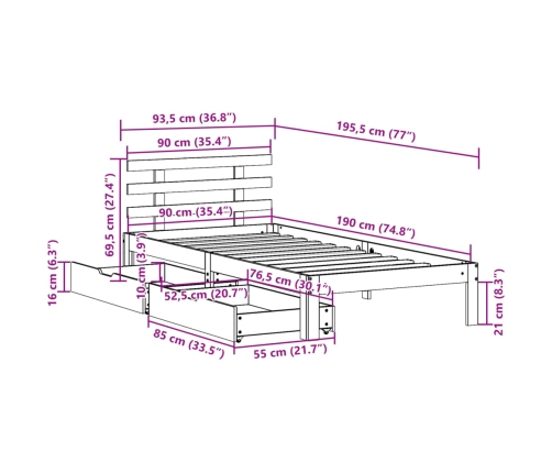 Estructura cama con cajones madera maciza pino blanca 90x190 cm