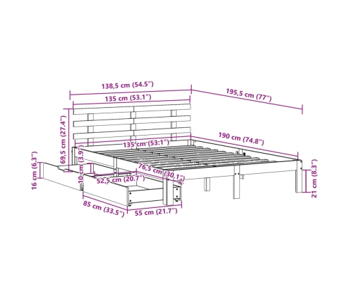 Estructura de cama con cajones madera de pino blanca 135x190 cm