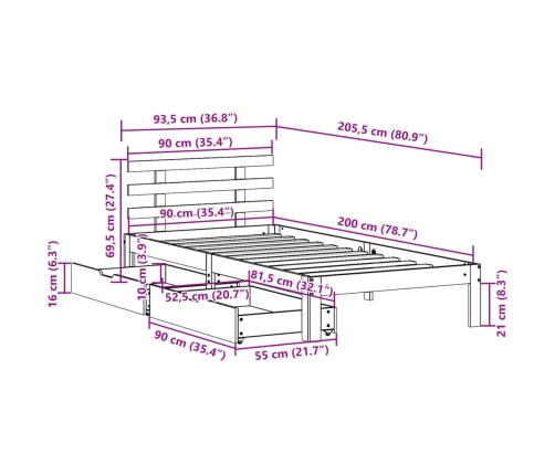 Estructura de cama con cajones madera maciza de pino 90x200 cm