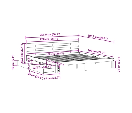 Estructura de cama con cajones madera maciza de pino 200x200 cm