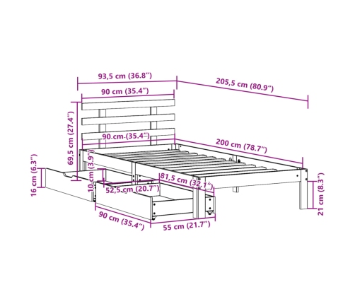 Estructura cama con cajones madera maciza pino marrón 90x200 cm