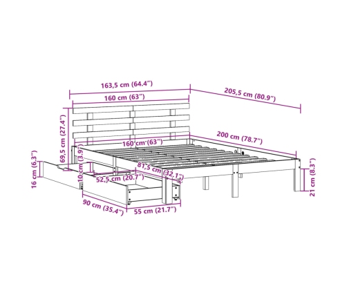 Estructura cama con cajones madera pino marrón cera 160x200 cm