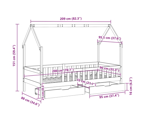 Estructura de cama para niños con cajones madera pino 90x200 cm