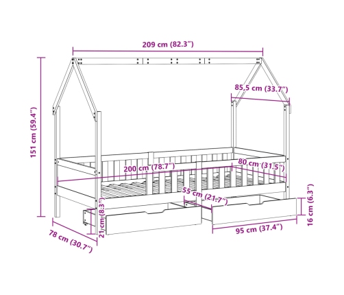 Estructura de cama para niños con cajones madera pino 80x200 cm