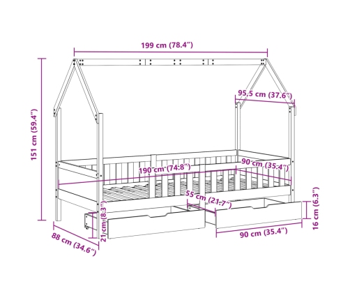 Estructura de cama infantil con cajones madera pino 90x190 cm