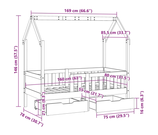 Estructura de cama infantil con cajones madera de pino 80x160cm