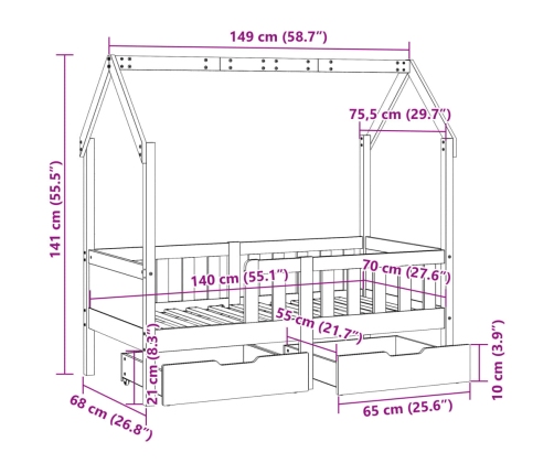 Estructura de cama para niños con cajones madera pino 70x140 cm