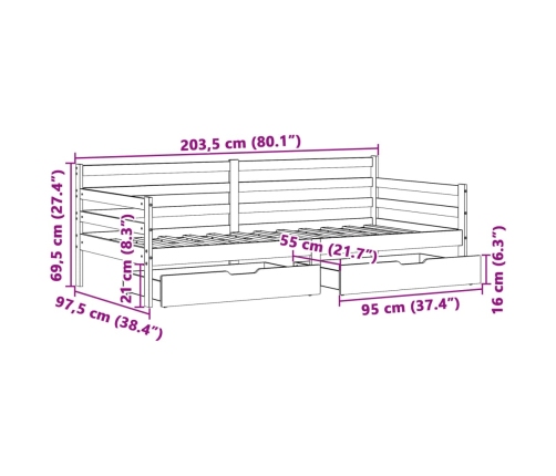 Sofá cama con cajones madera maciza de pino 90x200 cm