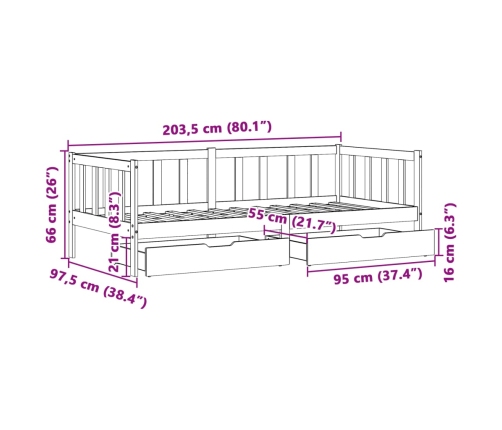 Sofá cama con cajones madera maciza de pino 90x200 cm