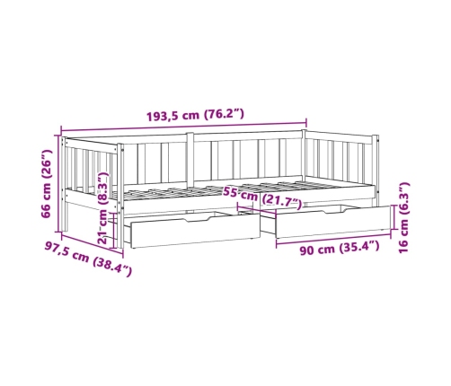 Sofá cama con cajones madera maciza de pino 90x190 cm