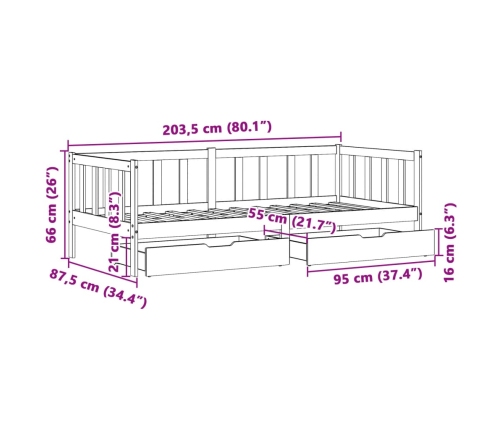 Sofá cama con cajones madera maciza de pino 80x200 cm