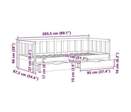 Sofá cama con cajones madera maciza de pino blanca 80x200 cm