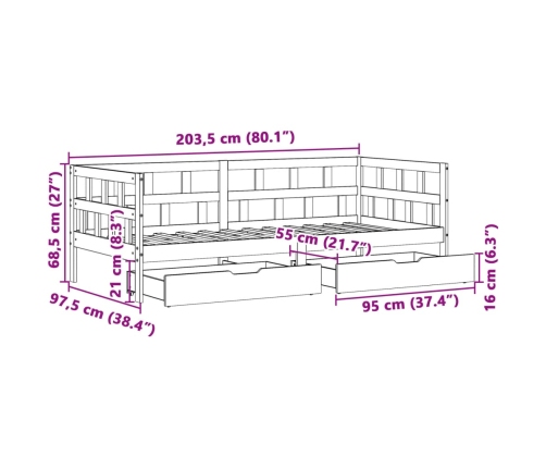 Sofá cama con cajones madera maciza de pino 90x200 cm