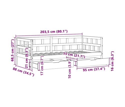 Sofá cama con cajones madera maciza de pino blanca 80x200 cm