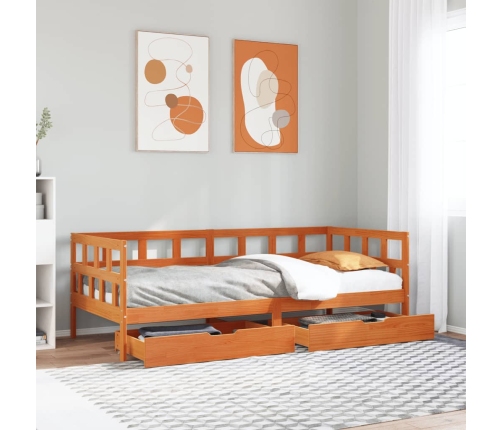 Sofá cama con cajones madera maciza pino marrón cera 90x200 cm