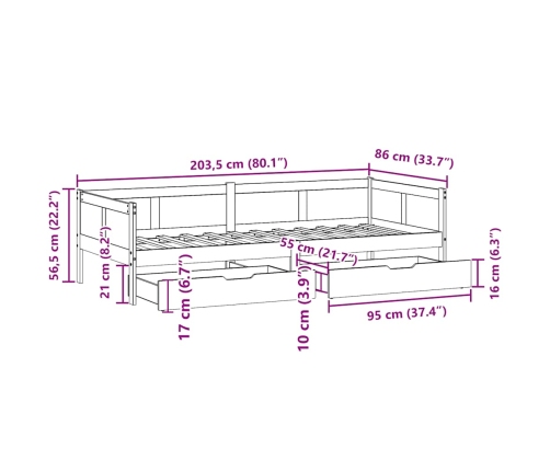 Sofá cama con cajones madera maciza de pino 80x200 cm