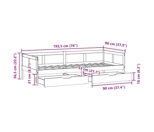 Sofá cama con cajones madera maciza de pino blanca 90x190 cm