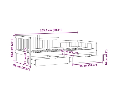 Sofá cama con cajones madera maciza de pino 90x200 cm