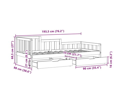 Sofá cama con cajones madera maciza de pino blanca 90x190 cm