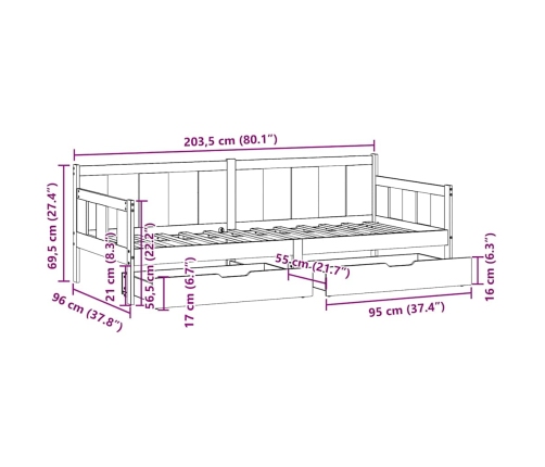 Sofá cama con cajones madera maciza de pino 90x200 cm