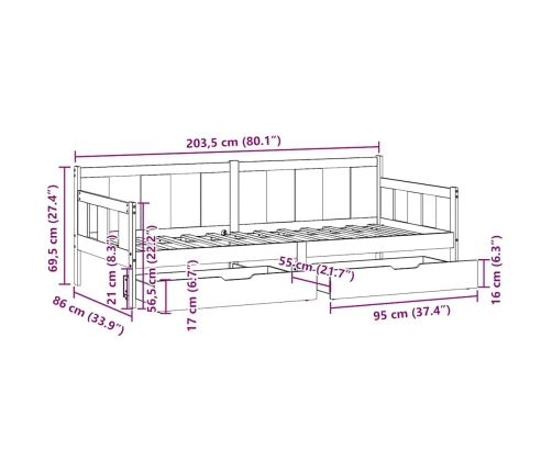 Sofá cama con cajones madera maciza de pino 80x200 cm