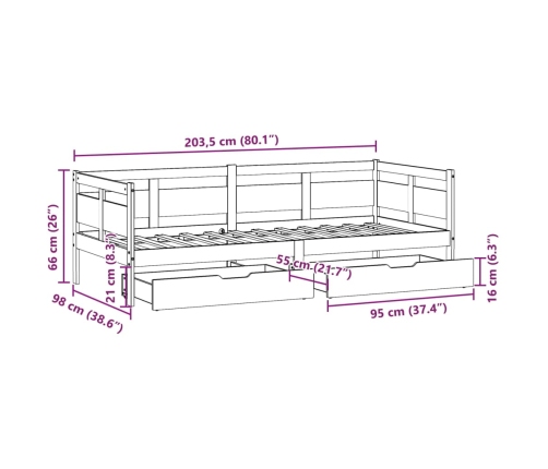 Sofá cama con cajones madera maciza de pino 90x200 cm