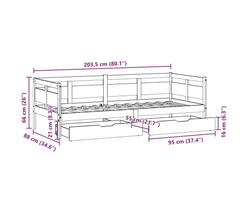 Sofá cama con cajones madera maciza de pino blanca 80x200 cm