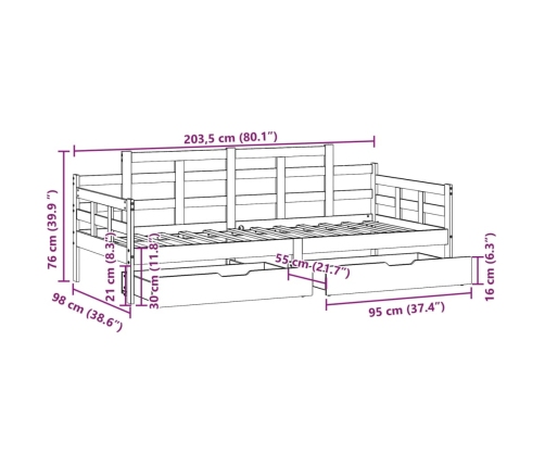 Sofá cama con cajones madera maciza de pino 90x200 cm