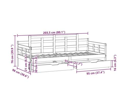 Sofá cama con cajones madera maciza de pino blanco 90x200 cm