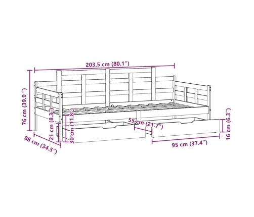 Sofá cama con cajones madera maciza de pino blanca 80x200 cm