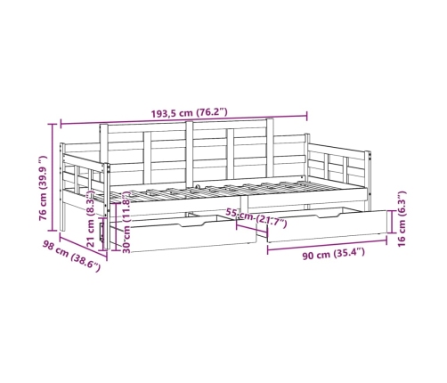 Sofá cama con cajones madera maciza de pino 90x190 cm