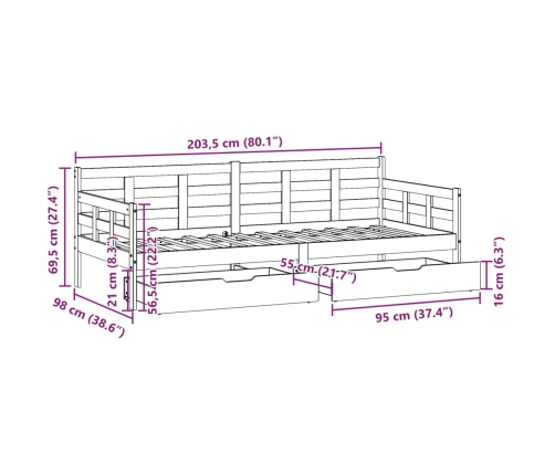 Sofá cama con cajones madera maciza de pino 90x200 cm