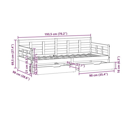 Sofá cama con cajones madera maciza de pino 90x190 cm