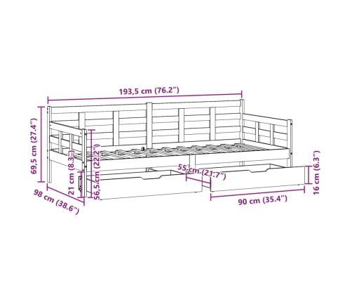 Sofá cama con cajones madera maciza de pino blanca 90x190 cm