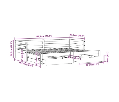 Sofá cama nido con cajones madera maciza de pino 90x190 cm