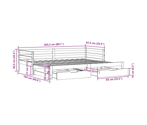 Sofá cama nido con cajones madera maciza de pino 80x200 cm