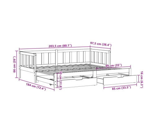 Sofá cama nido con cajones madera maciza pino blanca 90x200 cm