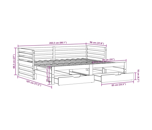 Sofá cama con cajones madera maciza de pino 90x200 cm