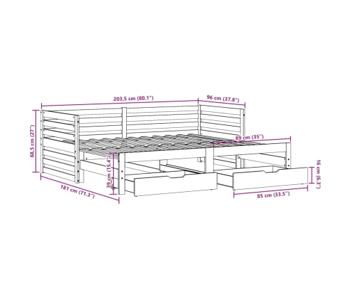 Sofá cama con cajones madera maciza de pino blanco 90x200 cm