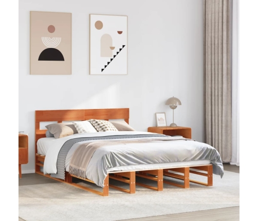 Cama sin colchón madera maciza de pino marrón cera 160x200 cm