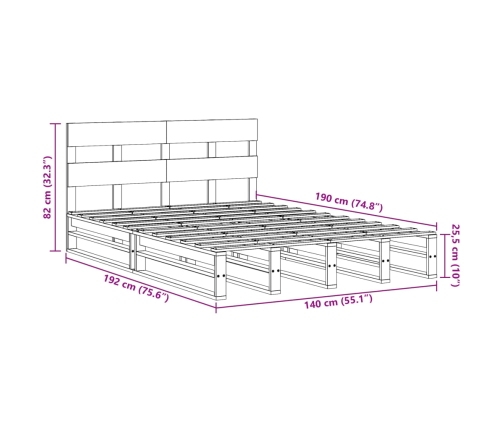 Cama sin colchón madera maciza de pino marrón cera 140x190 cm