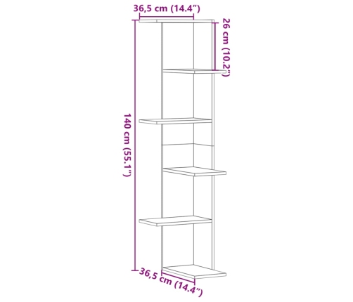 vidaXL Estantería de pared de esquina madera negra 36,5x36,5x140 cm