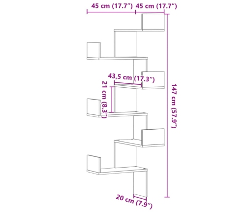 vidaXL Estantería pared esquina madera ingeniería negro 45x45x147 cm