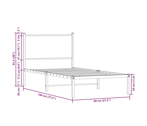 Estructura de cama sin colchón metal roble ahumado 75x190 cm