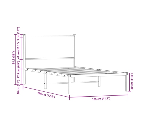 Estructura de cama con cabecero metal roble ahumado 100x190 cm