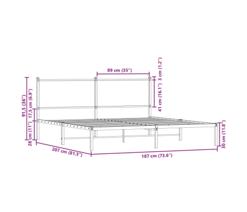 Estructura de cama con cabecero metal roble ahumado 180x200 cm