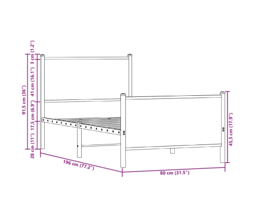 Estructura de cama sin colchón metal roble ahumado 75x190 cm