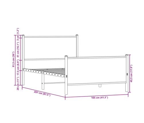 Cama con cabecero y pie de cama metal roble ahumado 100x200 cm