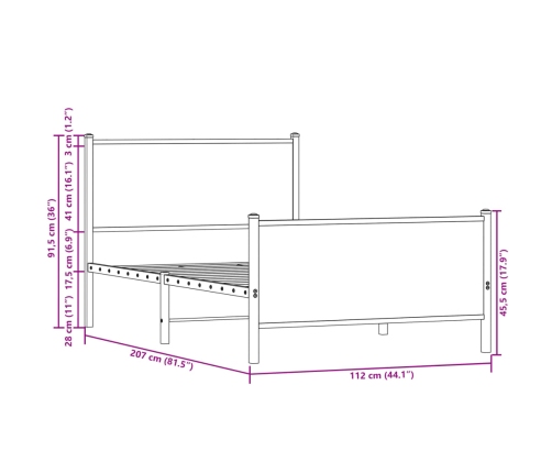 Estructura de cama sin colchón metal roble ahumado 107x203 cm